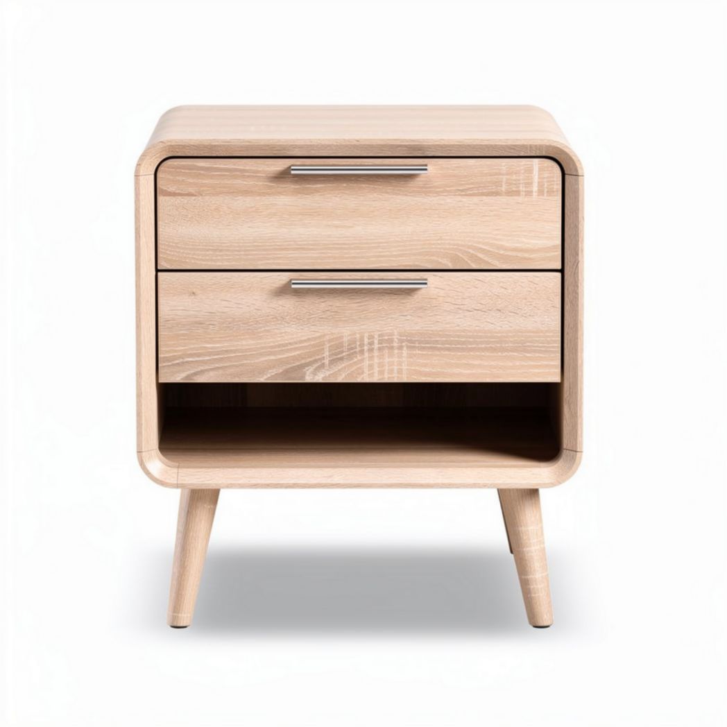 Wooden nightstand with two drawers and open shelf 45 x 40 x 50cm natural finish