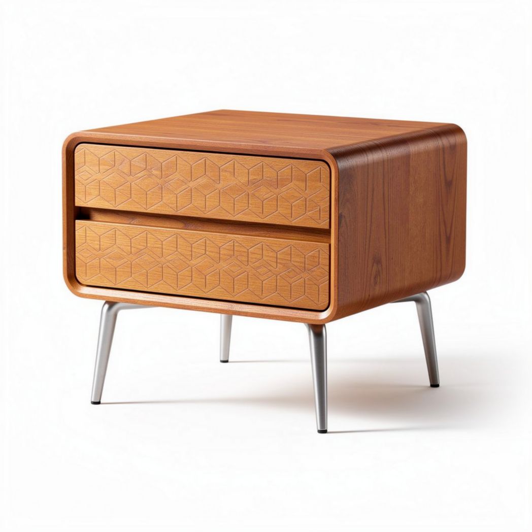 Wooden nightstand with geometric drawer design and metal legs 50 x 40 x 40cm