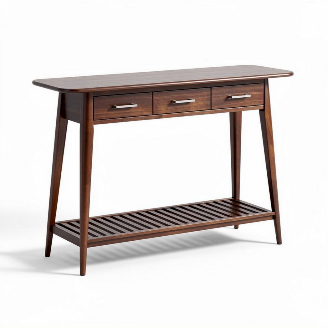 Wooden entry console table with three drawers and lower shelf 120 x 40 x 75cm