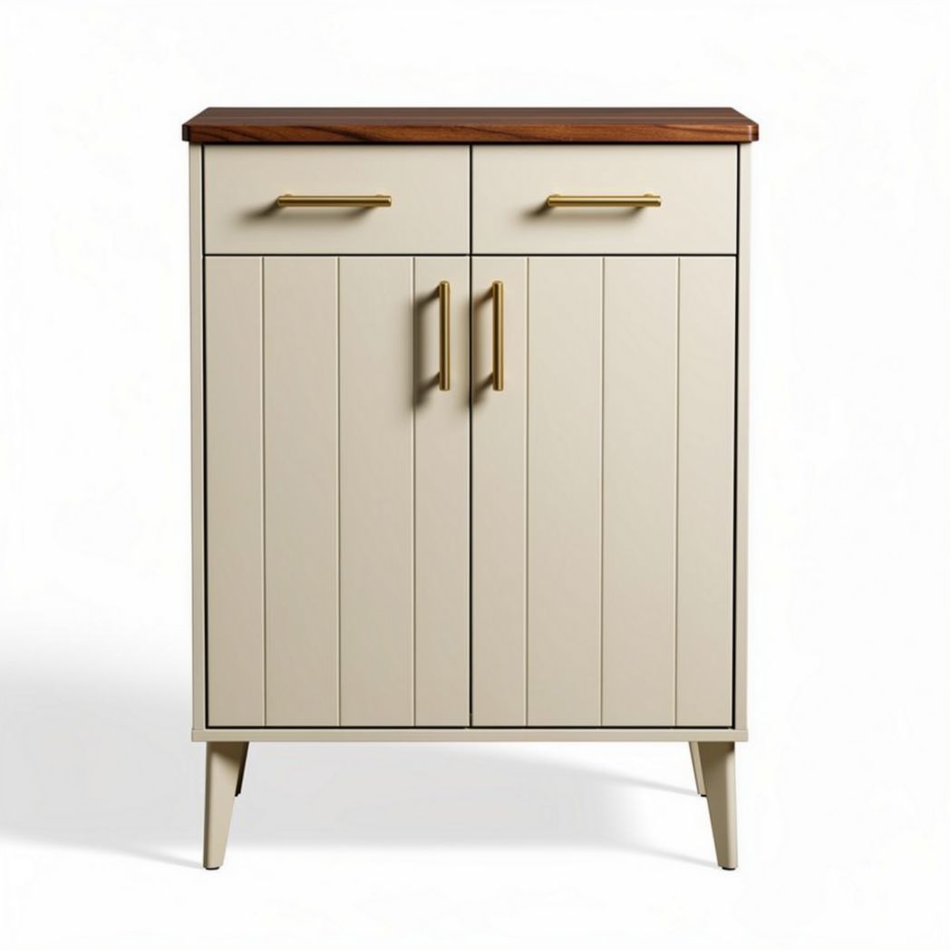 Two-door cabinet with wooden top and gold hardware in cream color 80 x 40 x 100cm