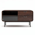 wooden media console with gray doors and open storage 120 x 50 x 60cm