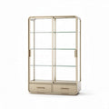Glass display cabinet with two drawers and metal frame 100 x 40 x 180cm beige