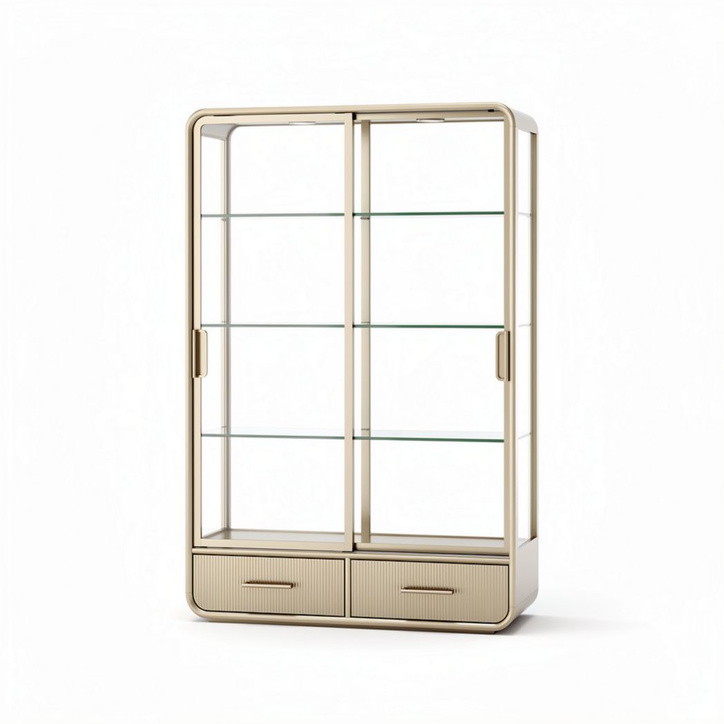 Glass display cabinet with two drawers and metal frame 100 x 40 x 180cm beige
