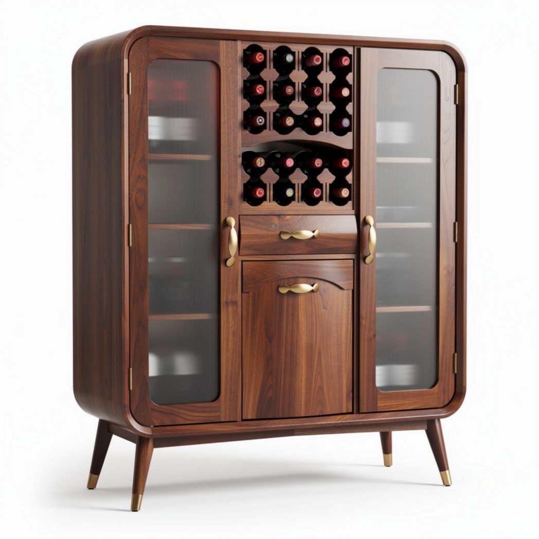 Walnut wood wine cabinet with glass doors and storage drawers 120 x 50 x 150cm