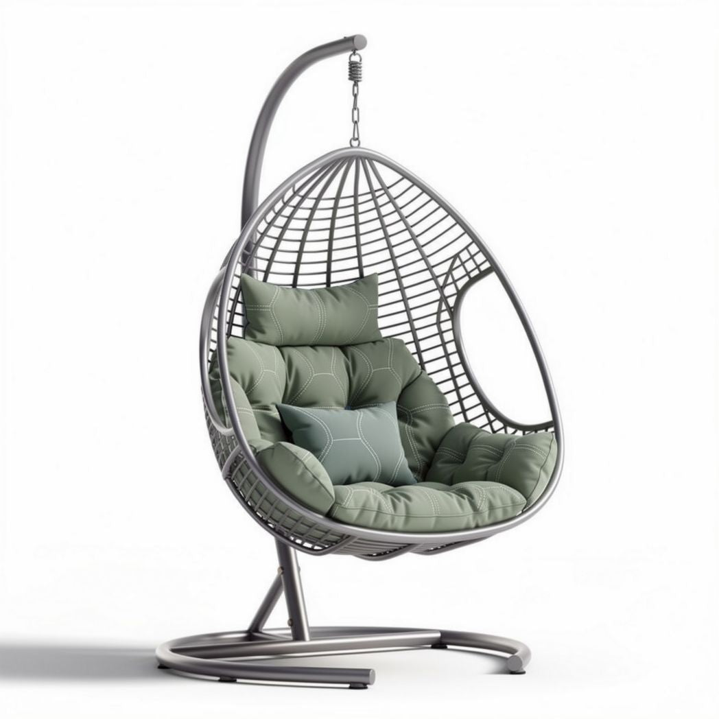 Hanging egg chair with soft cushions made of durable rattan in green color