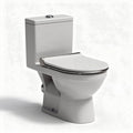 Two-piece elongated white toilet with dual flush system and soft close seat