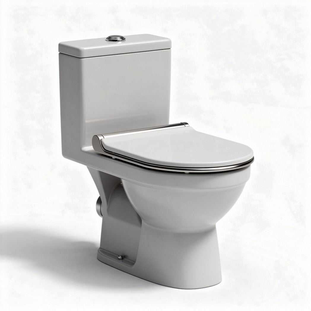 Two-piece elongated white toilet with dual flush system and soft close seat